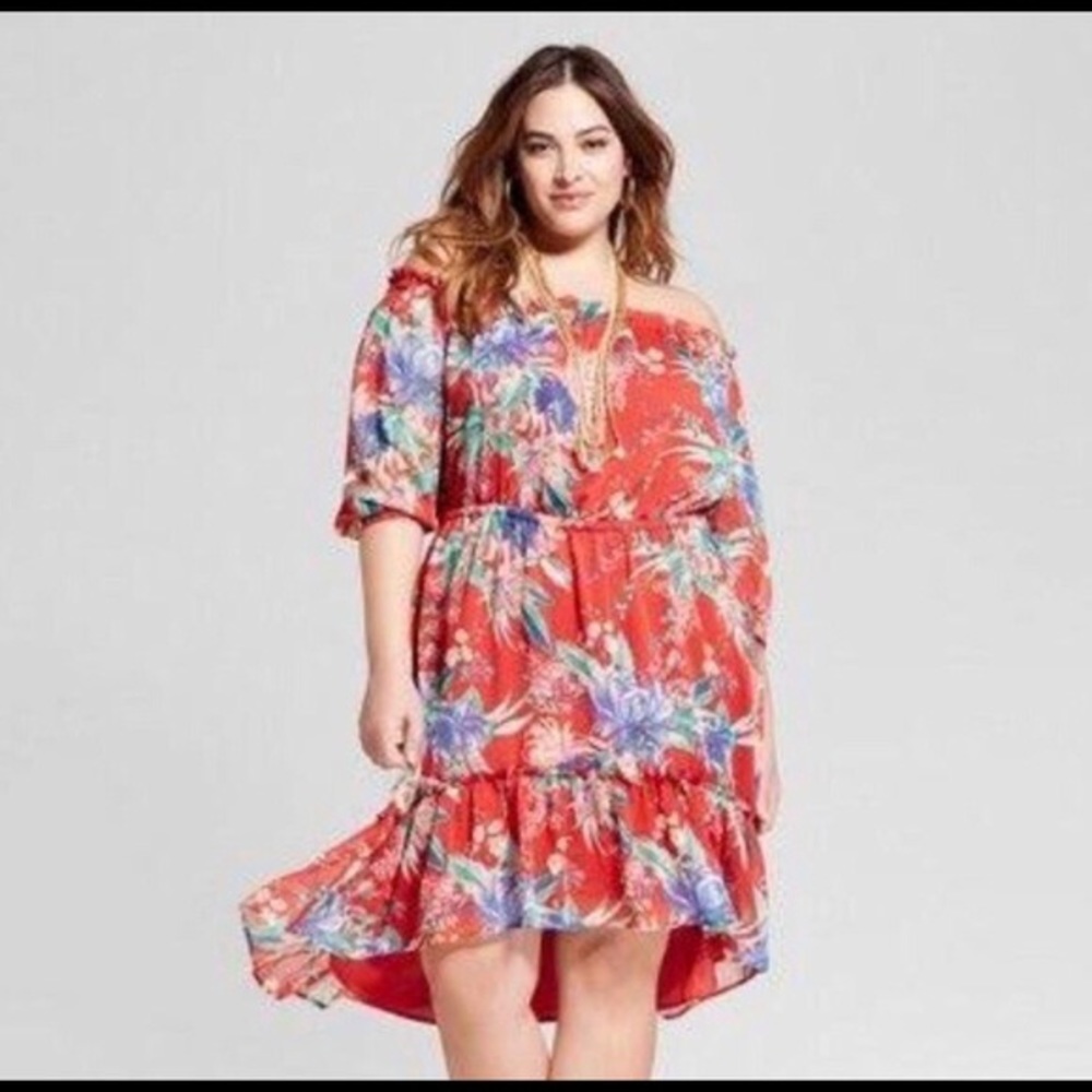 Tropical off the shoulder dress in red